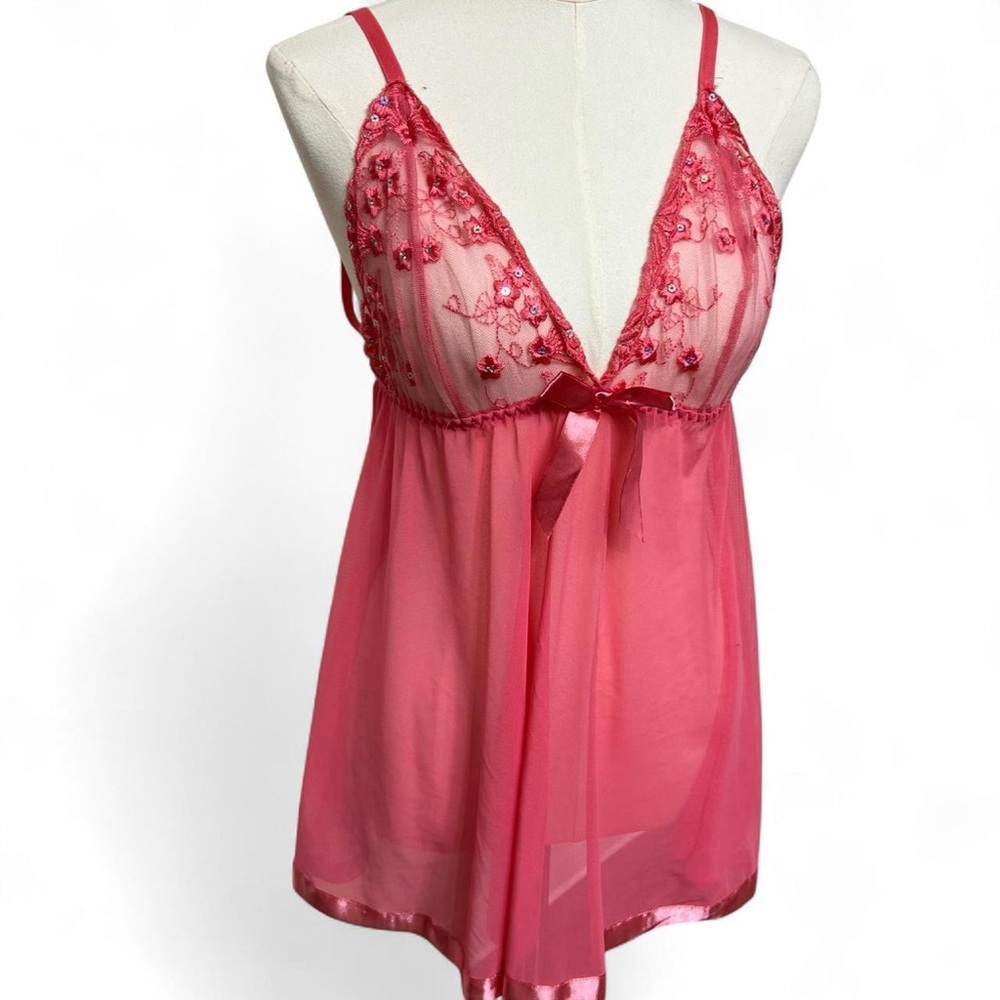Bubblegum pink sheer babydoll lingerie slip dress floral embroidery bow detail